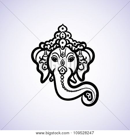 Hand drawn God Ganesh Indian style black on a white background with a place for your text. For invit