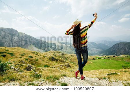 Selfie Photo Long Hair Girl Taking On Smartphone In  Mountain Village
