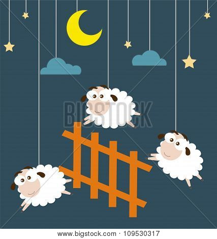 Sheep And Fence Hanging On The Ropes With Night Scene
