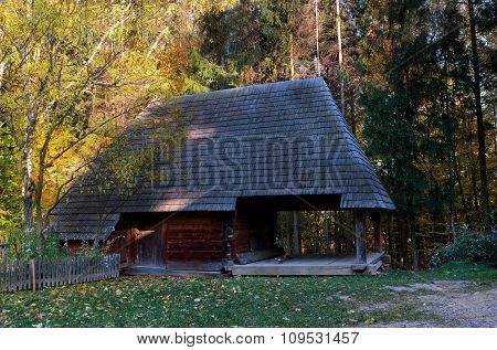 The Wooden House With A Wooden Roof In The Forest, Zakarpattia Region