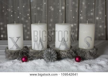 Xmas Candles With Snow And Fir As Background