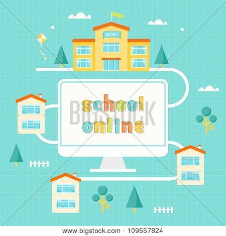 Computer, School Building and Houses. Online Learning Illustration