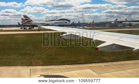 Taxiing Aircraft Airbus A-320 After Landing In Heathrow Airport . London. Uk