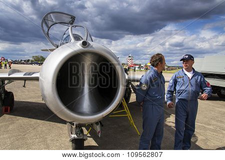 Hradec Kralove, Czech Republic - September 5: Pilot Of Jet Fighter Aircraft Mikoyan-gurevich Mig-15