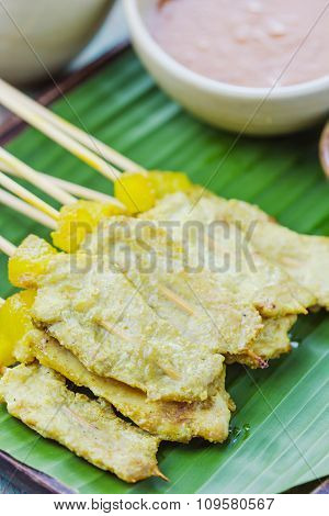 Grilled Pork Satay With Peanut Sauce And Vinegar, Thai Food.