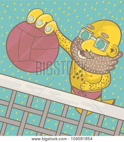 A Man With A Beard And Glasses Plays Beach Volleyball