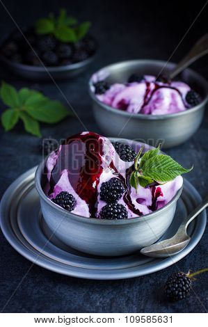 Delicious Homemade Blackberry  Ice Cream With Blackberry Topping And Fresh Berry