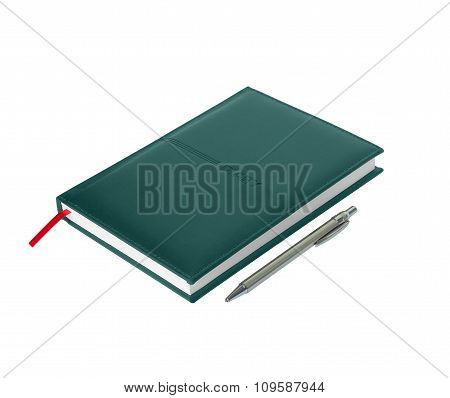 Green Leather Diary With Pen On White Background