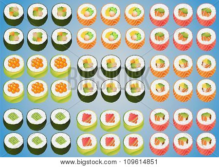 Sushi Roll Big Set Isolated Salmon Tuna Nori Avocado