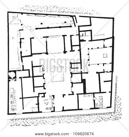 Plan of the house of Sallust, vintage engraved illustration. Private life of Ancient-Antique family-1881.