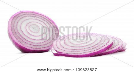 Red onion half with cut purple rings isolated on white