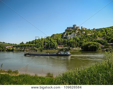 Ruins Of An Ancient Castle On The River Shore, Les Andeles, France