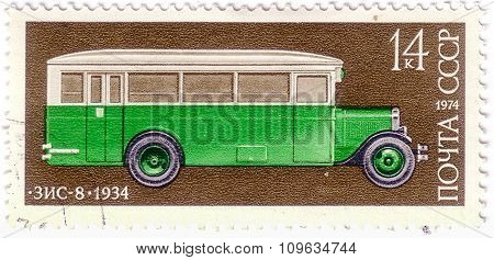 Ussr - Circa 1974: A Stamp Printed In Ussr Shows Zis 8 Bus, 1934, Development Of Russian Automotive