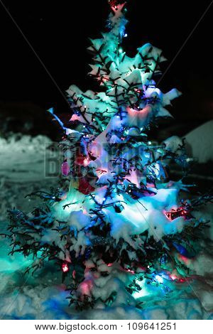 Decorated fir tree with the snow on branches.