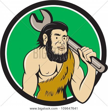 Neanderthal Caveman With Spanner Circle Cartoon