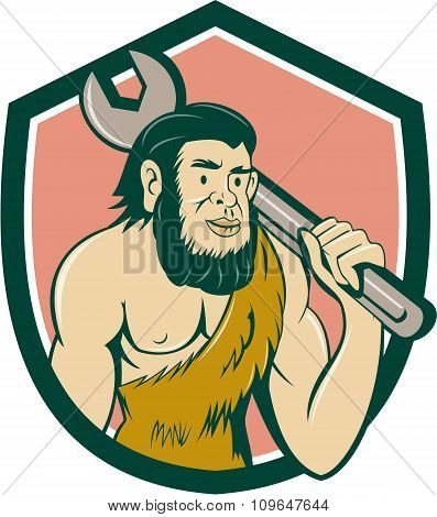 Neanderthal Caveman With Spanner Crest Cartoon
