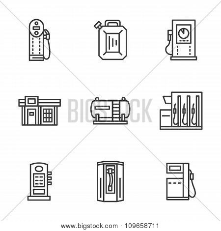 Gas station black line vector icons collection