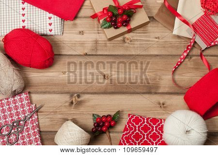 Christmas Background. Knitting And Sewing Kit. Natural Wool Yarn
