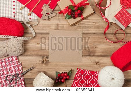 Christmas Background. Knitting And Sewing Kit. Natural Wool Yarn