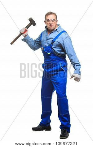 brutal Workers in protective glasses with a sledgehammer. isolated on white background