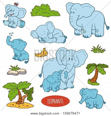 Set Of Cute Animals And Objects, Vector Stickers, Family Of Elephants