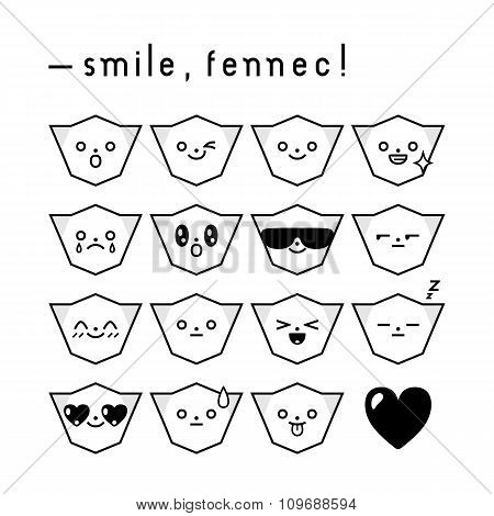 Set Of Fennec Fox Emoticons In Black And White