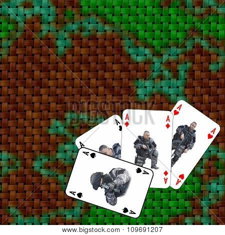 The game of life. War strategy game. Army deployment on the map. Ace of Hearts in combat