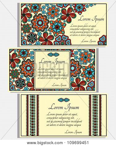 Set of beige invitation cards with colored paisley and floral elements. Good for widdings, parties,