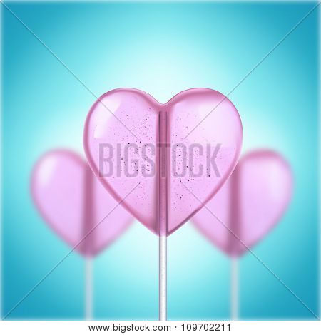 Vector realistic heart shaped hard candy on stick