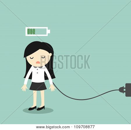 Business concept, Business woman feeling tired and charging battery. Vector illustration.
