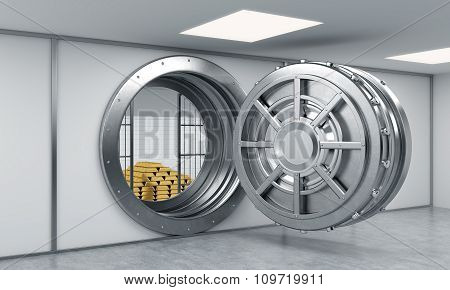 3D Rendering Of A Big Open Round Metal Safe In A Bank Depository With Locked Lock-boxes And  A Pyram