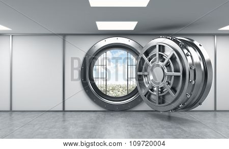 3D Rendering Of A Big Open Round Metal Safe In A Bank Depository, Front View, A Concept Of Opportuni