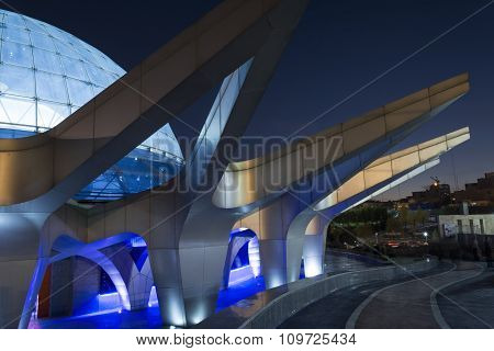 Close Up View Of Middle East's Largest Planetarium, Mina Dome In Night At  Water And Fire Park, Tehr