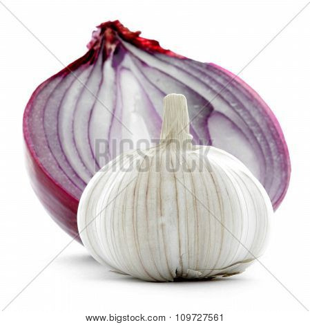 Whole garlic with red onion half isolated on white background