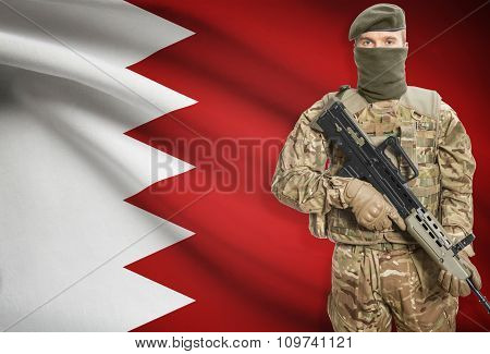 Soldier Holding Machine Gun With Flag On Background Series - Bahrain