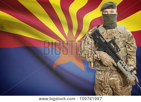 Soldier Holding Machine Gun With Usa State Flag On Background Series - Arizona