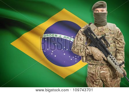 Soldier Holding Machine Gun With Flag On Background Series - Brazil