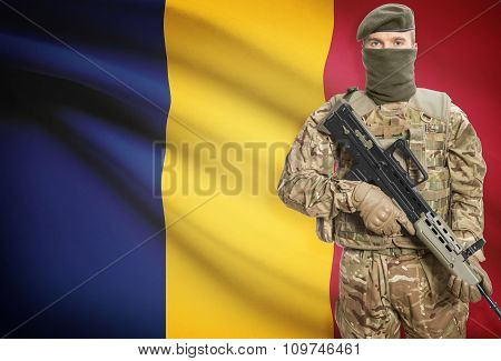 Soldier Holding Machine Gun With Flag On Background Series - Chad