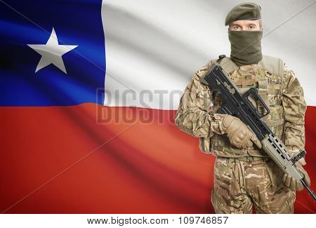 Soldier Holding Machine Gun With Flag On Background Series - Chile