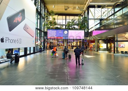 GENEVA, SWITZERLAND - NOVEMBER 18, 2015: interior of Geneva Airport. Geneva International Airport is the international airport of Geneva, Switzerland. It is located 4 km northwest of the city centre.