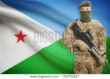 Soldier Holding Machine Gun With Flag On Background Series - Djibouti