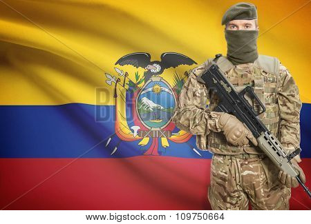 Soldier Holding Machine Gun With Flag On Background Series - Ecuador