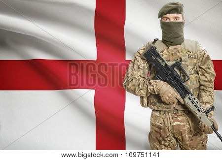 Soldier Holding Machine Gun With Flag On Background Series - England