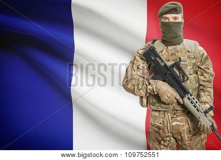 Soldier Holding Machine Gun With Flag On Background Series - France
