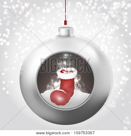 Christmas Ball With Santas Boot On The Snowy Background