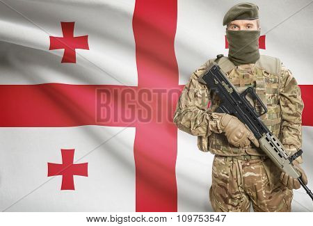 Soldier Holding Machine Gun With Flag On Background Series - Georgia