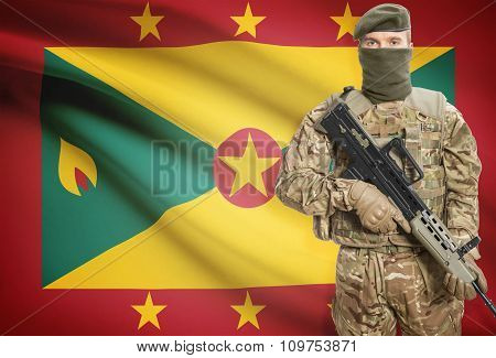 Soldier Holding Machine Gun With Flag On Background Series - Grenada