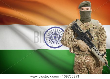 Soldier Holding Machine Gun With Flag On Background Series - India