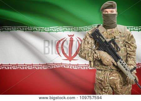 Soldier Holding Machine Gun With Flag On Background Series - Iran