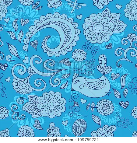 Vector Seamless Floral Pattern And A Cute Bird. Blue.